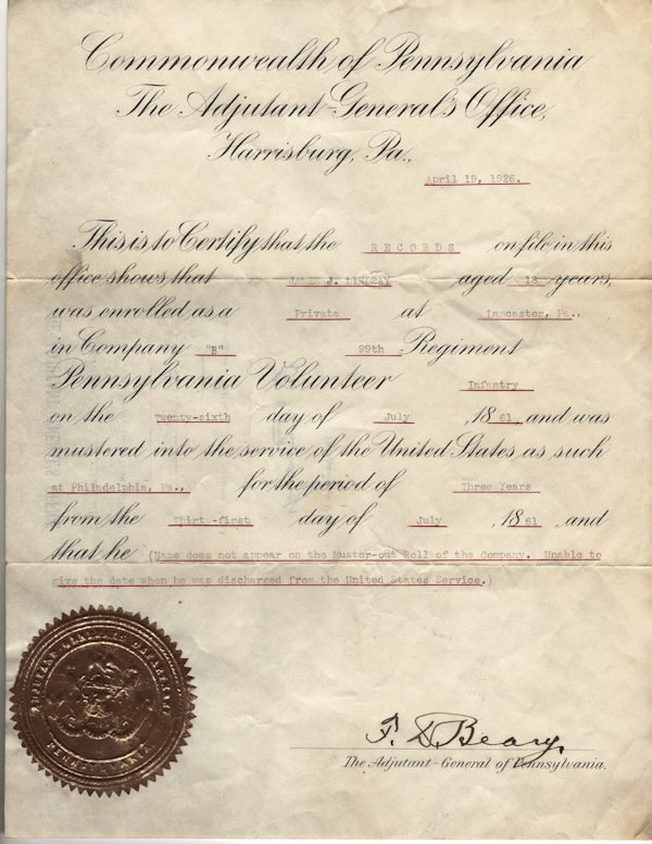 Lindsay civil war certificate