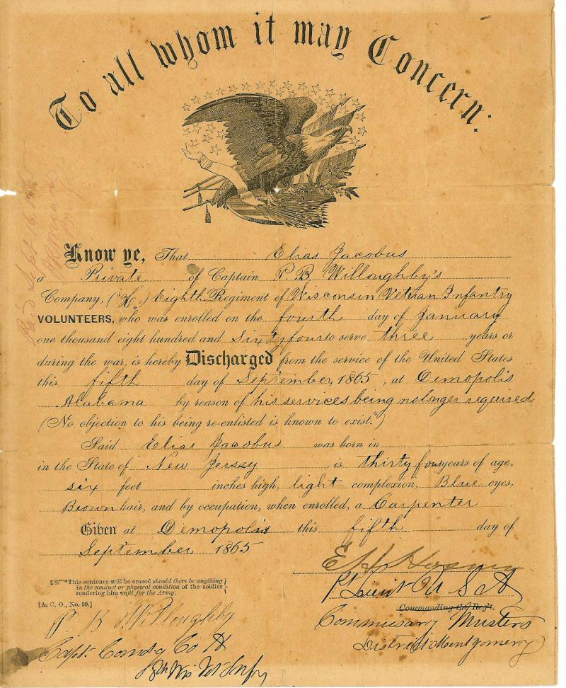 Elias Jacobus discharge paper from civil war army